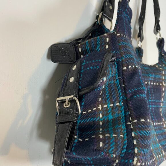 d-Fusion Women's Navy Blue Brown Wool Plaid Shoulder Tote Bag - Picture 6 of 11